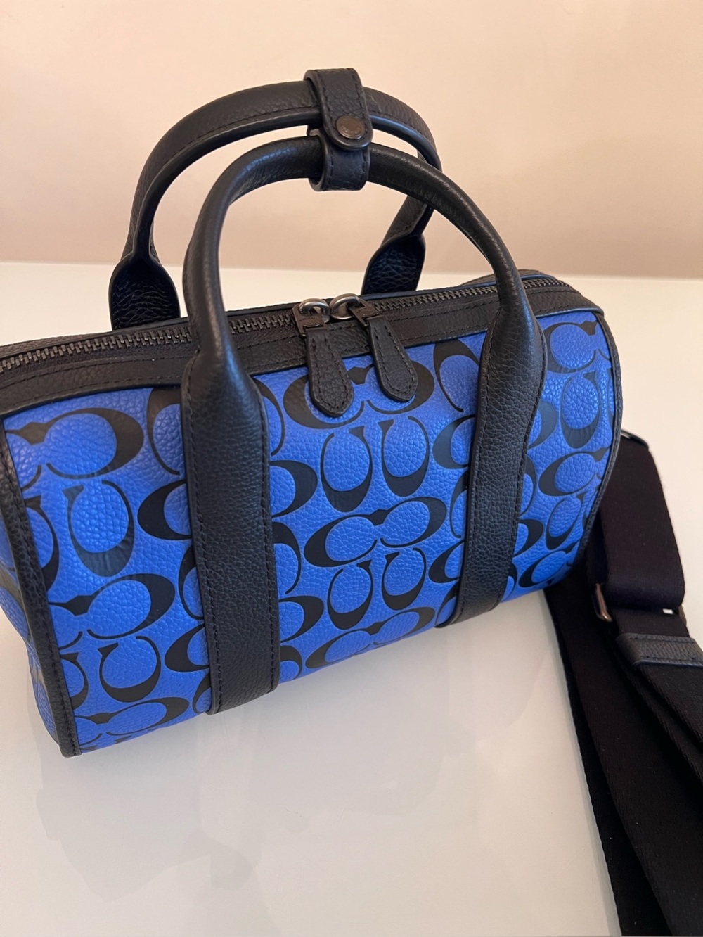 COACH Rowan Satchel Leather Signature C Blue Black Top Handle Bag